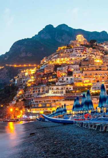 Sunset in famous and beautiful Positano, Amalfi Coast, Italy.